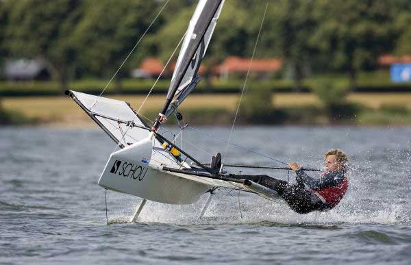 Alex Adams on day three of the International Moth worlds at Horsens, Denmark